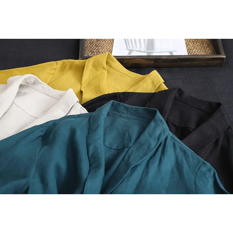 Женский жакет из хлопка и льна свободный блейзер с длинным рукавом шнуровкой в