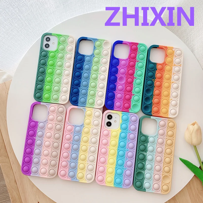 

3D Rainbow Relive Stress Fidget Toys Bubble Soft Silicone Cover For iPhone XR 10 7 8 Plus 12 11 Pro Max X XS Max SE 2020 Cover
