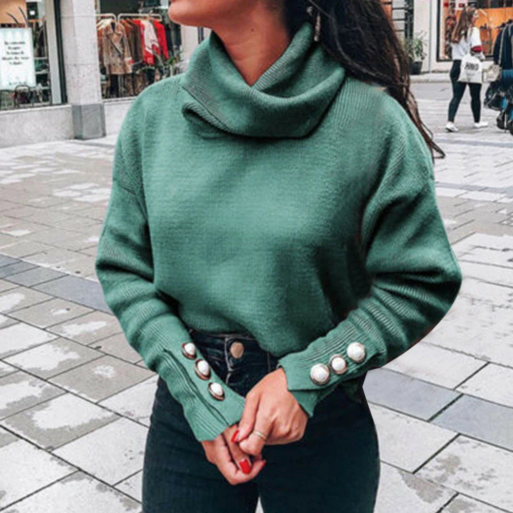 Laamei Turtleneck Sweaters Women Pullover Oversize Sweater Buttons Female Jumper Plus Green Blue Casual | Женская одежда
