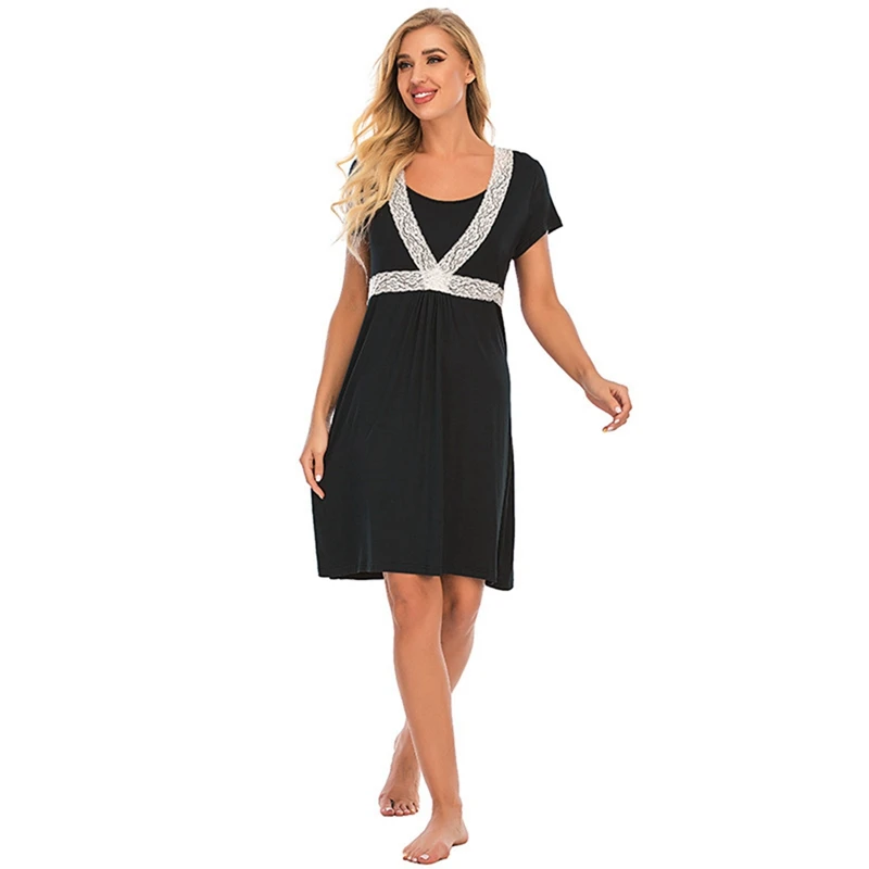 

Women Solid Nightgown Summer Round Neck Lace Nightdress Ladies Short Sleeve Sleepwear Casual Nightwear