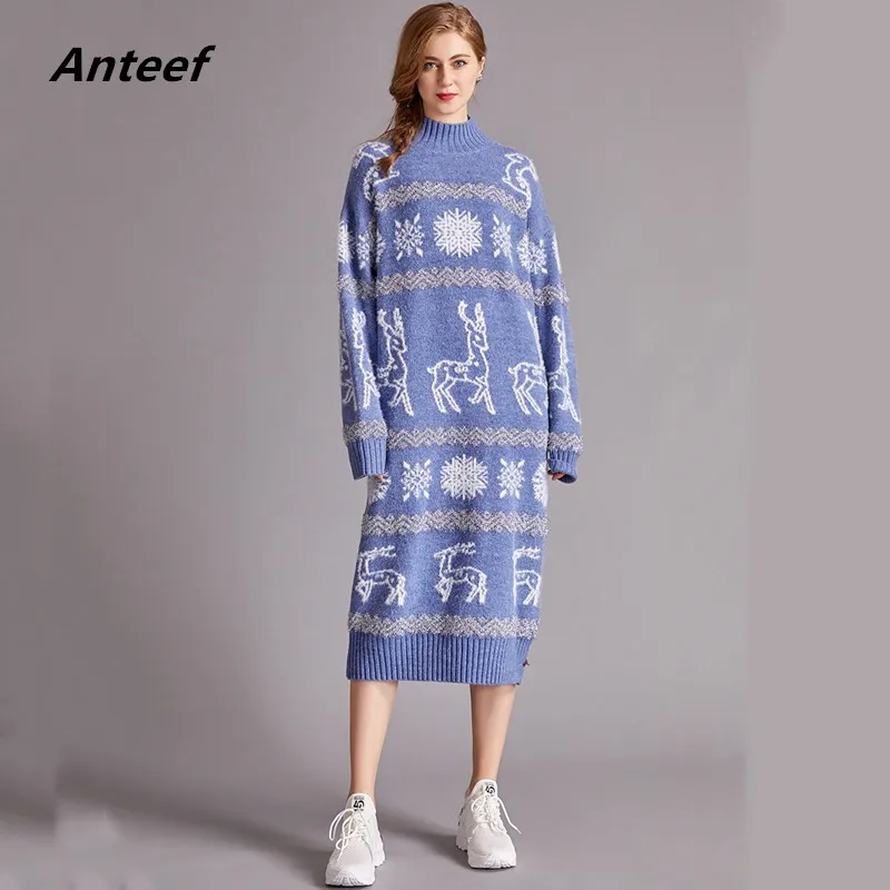 Женское шерстяное трикотажное платье свитер средней длины с длинным рукавом