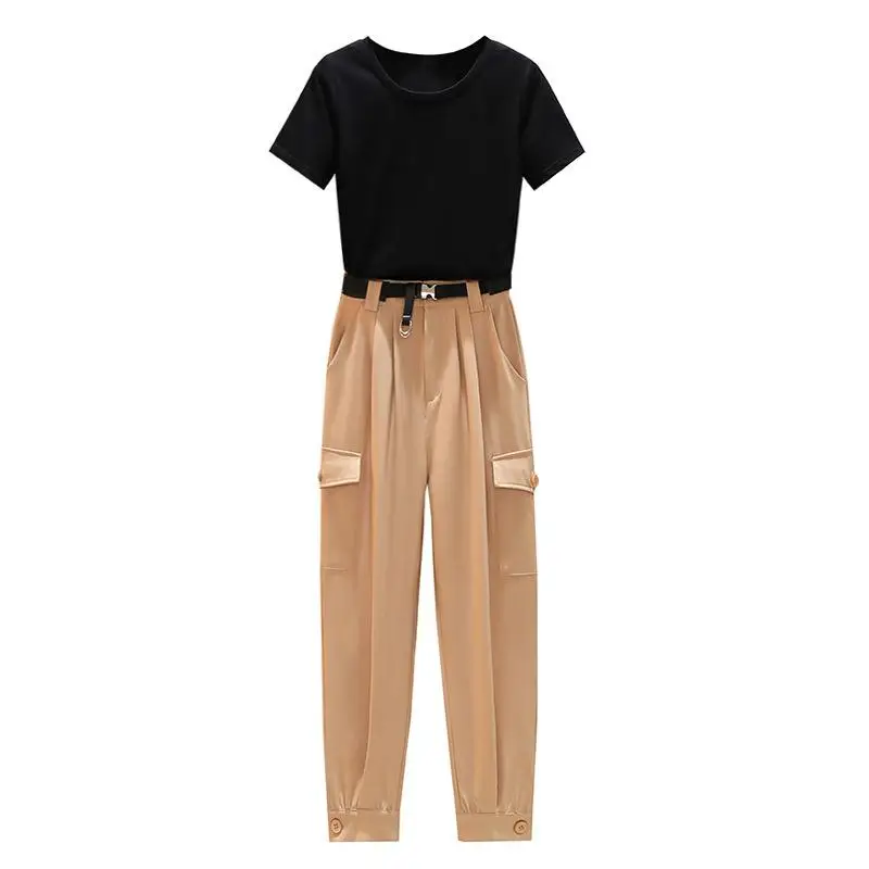 

ICHOIX Cargo Pants Set 2 Piece Set Summer Women Outfits Korean Style t-shirt tops and Pants Set hip hop Joggers tracksuit Sets