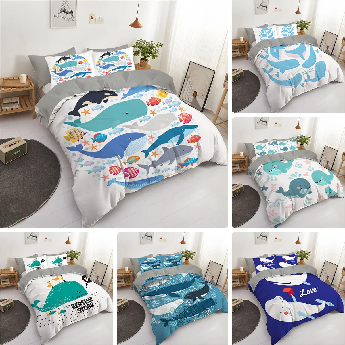 

Deep Sea Blue Whale Bedding Set Teen Queen King Size Duvet Cover 2/3pcs Nordic Style Covers 240x220 For Home Textiles Bedclothes