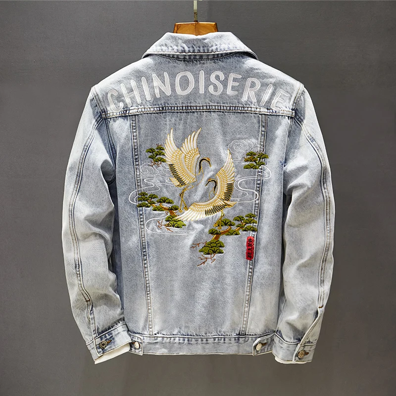 

Autumn men's chinoiserie embroidered cranes Chinese style denim jacket fashion Japanese streetwear denim clothing coats 5XL