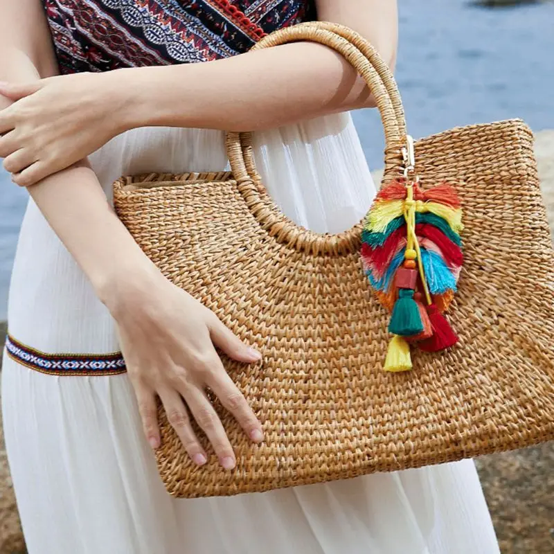 

Pure Handmade Creative Cotton Tassel Pendant Leaves Wooden Beads Bag Ornaments Nordic National European Keychain Decoration