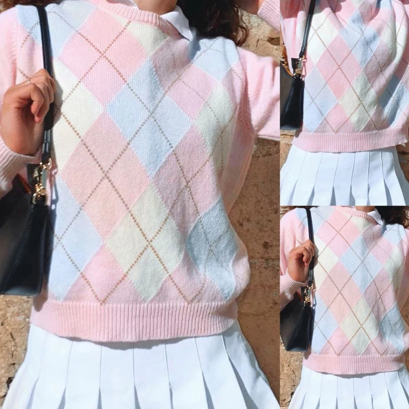 

Women Long Sleeve Pink Sweater Crew Neck Vintage Argyle Plaid Knitted Pullover Top Preppy Style Ribbed Trim Loose Jumper