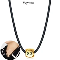 women golden tone 23 number pendant necklace with leather chain fashion stainless steel jewelry charm collar for female gift