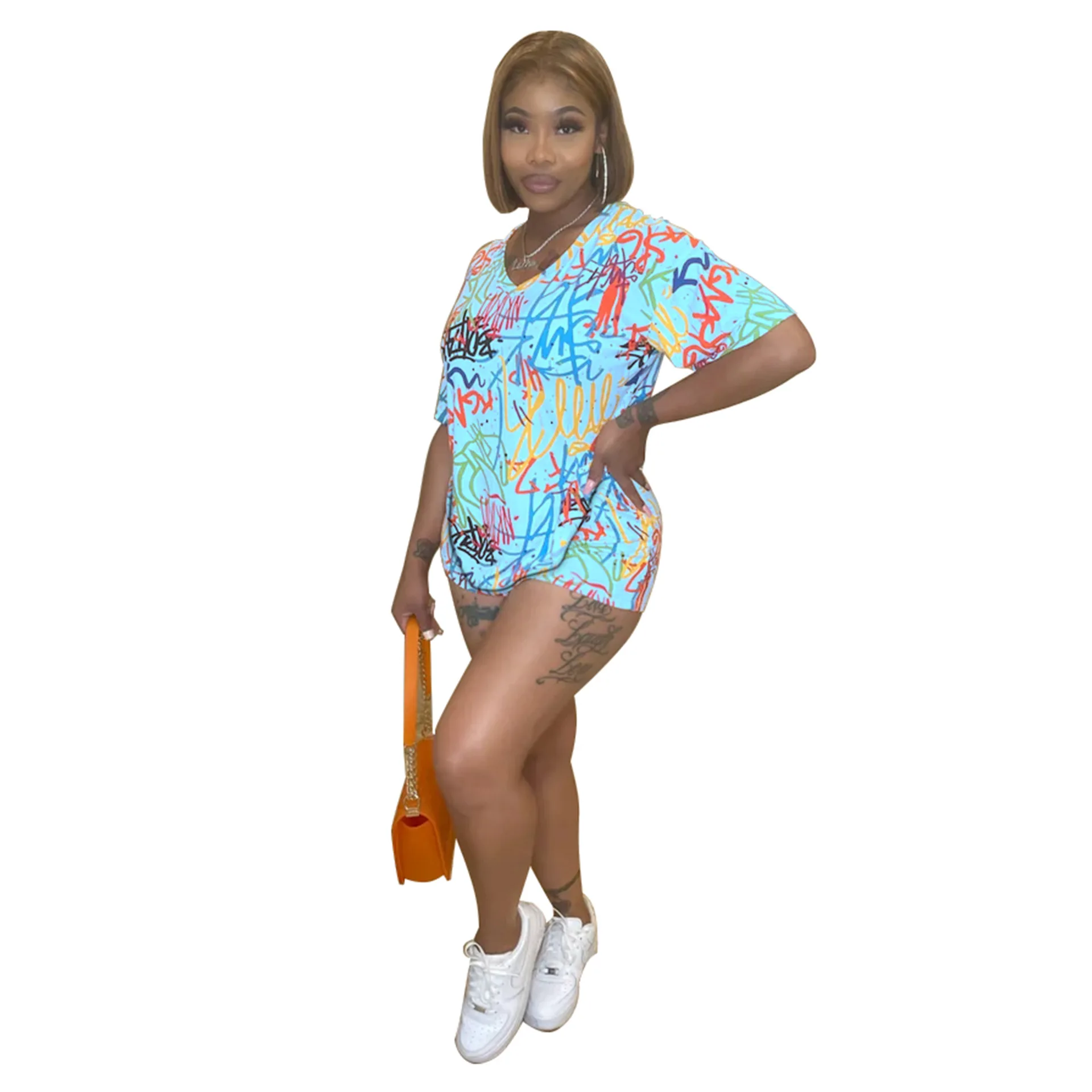 

RStylish Women's Sets Graffiti Print Short Sleeve V-neck Tops Sheath Elastic Shorts Two Piece Set Tracksuit 2021 Summer Outfits