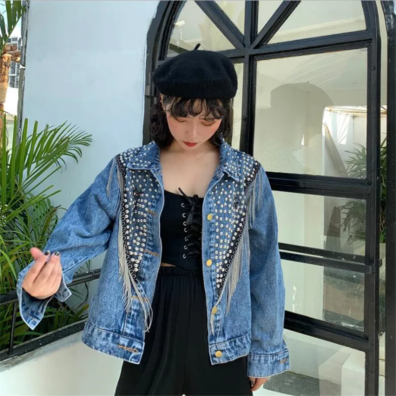 

bead Denim Jacket Women's new diamond tassel short spring 2020 heavy industry nail denim jacket