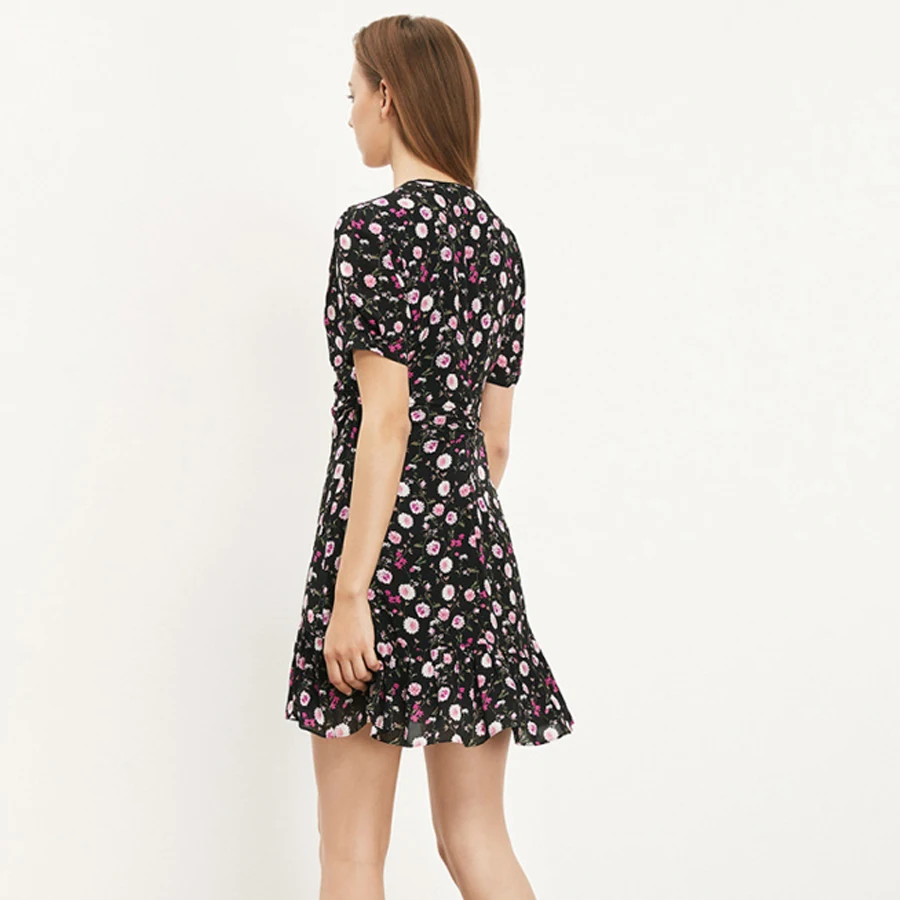 

21 Summer French sweet bubble sleeve V neck zipper fold floral Ruffles short sleeve summer dress women casual dresses