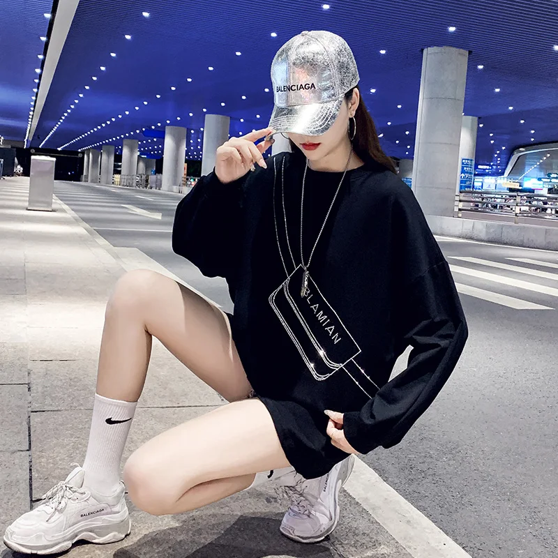 

QING MO Women Pullover Sweatshirt 2021 Women Letter Rhinestone Sweatshirt Female Funny Printed Sweatshirt ZQY6788