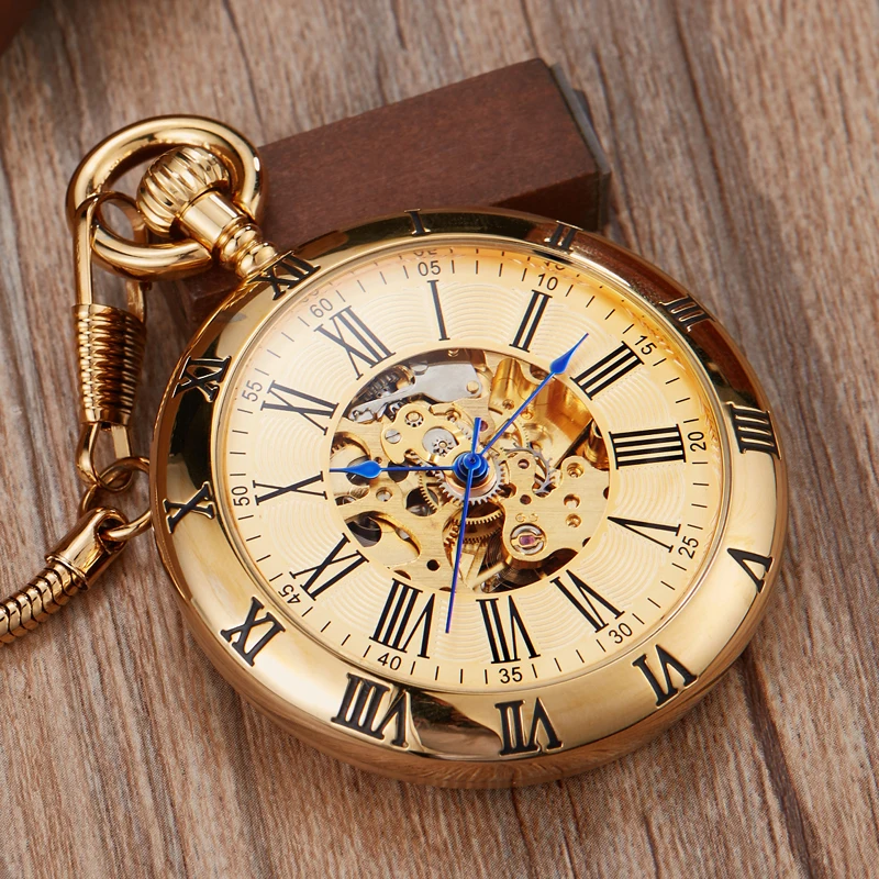 Luxury Copper Silver Automatic Mechanical Pocket Watch Clock Fob Chain Watch Men Roman Numbers Clock High Quality Pocket watches
