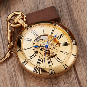 Luxury Copper Silver Automatic Mechanical Pocket Watch Clock Fob Chain Watch Men Roman Numbers Clock