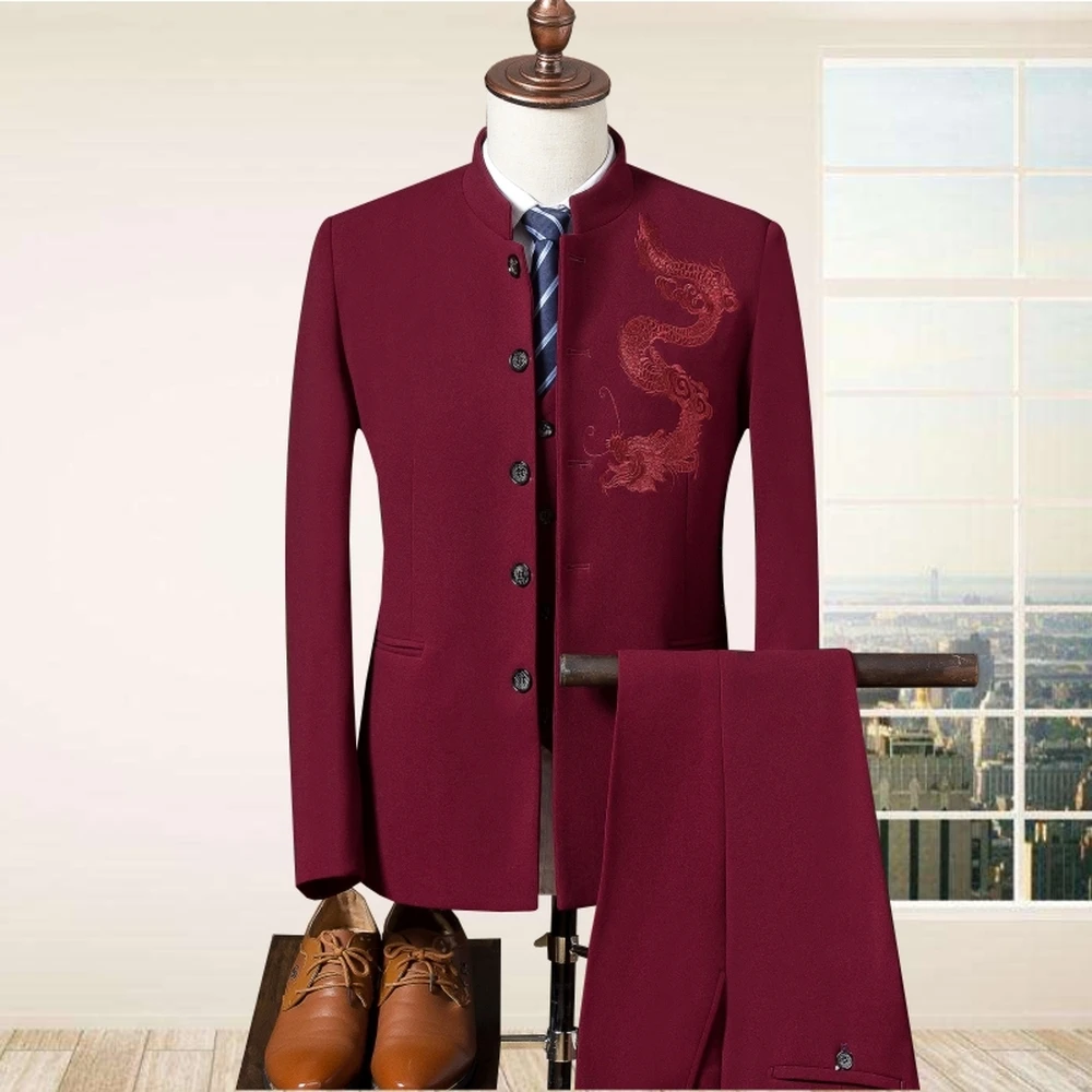 3 шт. китайский стиль воротник стойка мужские костюмы мужская мода дракон Вышитое