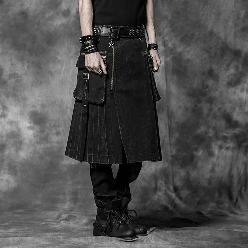 Koop PUNK RAVE Gothic Nieuwe Rock Mens Persoonlijkheid Zwarte Rok Broek Mode Populaire Metalen Rits Zak Decoratie Dark Twill Rokken