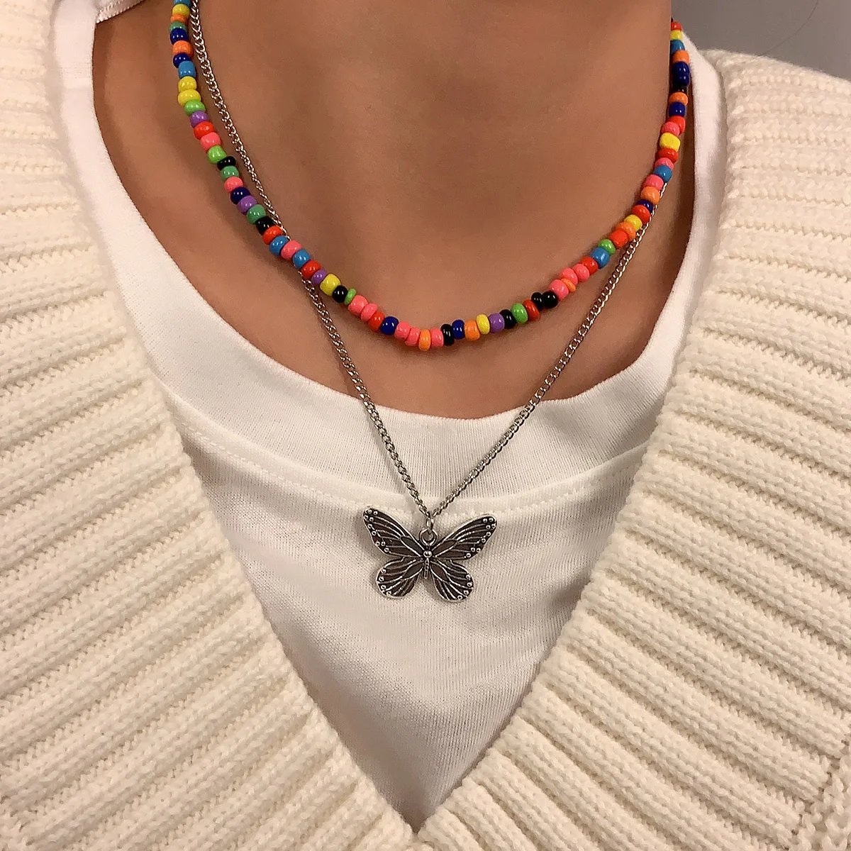 

Bohemian Multilayer Seed Bead Cute Butterfly Pendant Necklace For Women Fashion Beach Simple Boho Choker Collar Summer Jewelry