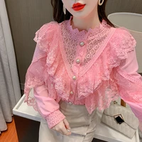autumn fashion lace stitching bottoming shirt loose ruffles office lady pink sweet dress shirts work wear tops