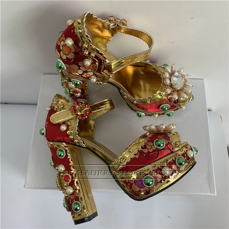 Exotic Embroidery Lace Rhinestone Sandals Women Chunky Heel Crystal Flower Pearl Diamond Platform Wedding Shoes Woman images - 6