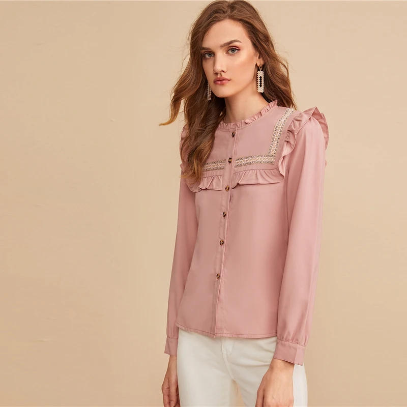 SHEIN розовая вышитая лента панель с рюшами отделка пуговица спереди милая блузка рубашка женские топы осень длинный рукав элегантные блузки