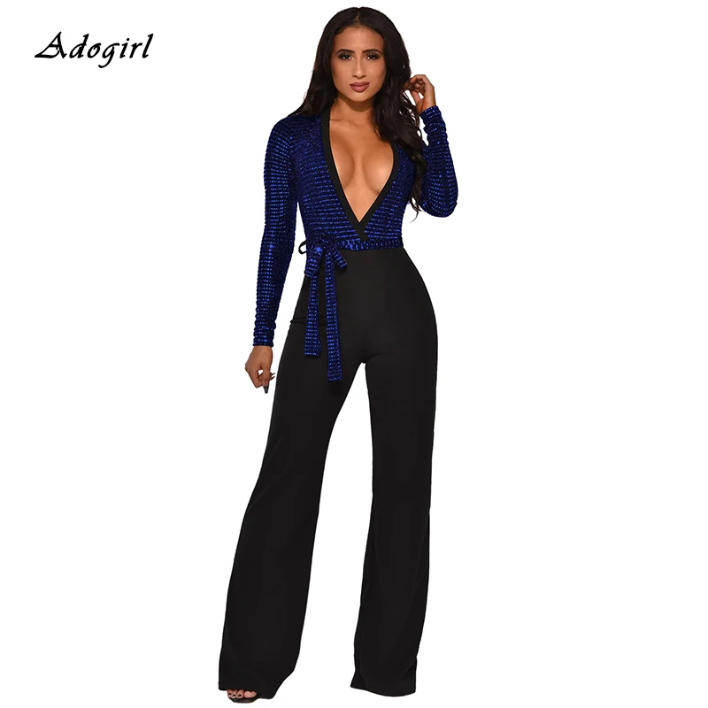 Adogirl сексуальный лоскутный комбинезон с блестками женский элегантный V образным