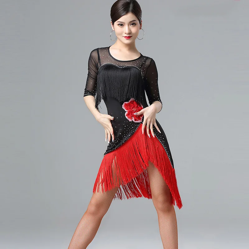 Classical Embroidery Latin Dance Dress Female Competition Clothes Sexy Mesh Rhinestone Tassel Samba Performance DL4955 | Тематическая
