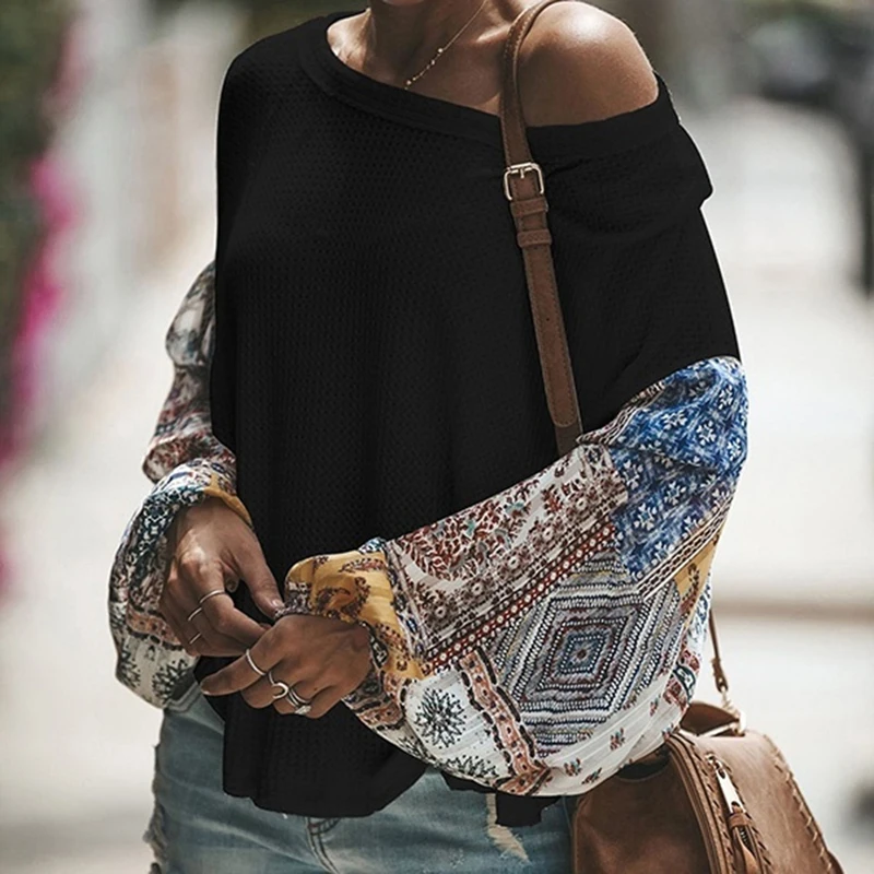 Лоскутные свободные свитера с открытыми плечами женские сексуальные вязаные