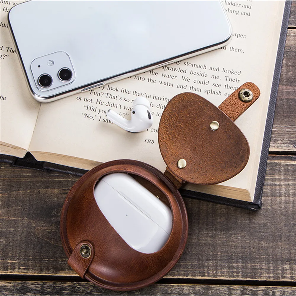Винтажный Портативный кожаный защитный чехол круглая коробка для хранения Airpods