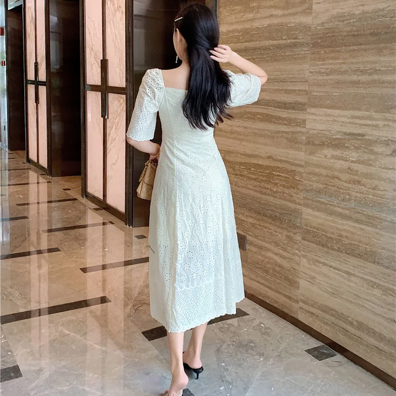 

Sqaure Collar Party Dress Ruffles Short Sleeve Long Midi Dress Hollow Out High Waist Summer Dress Single Breasted Plus Size B145