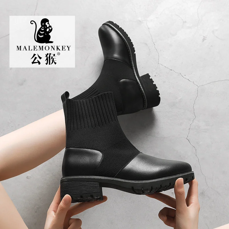 Женские осенние ботинки 2019 дизайнерские Вязаные Черные ботильоны женская