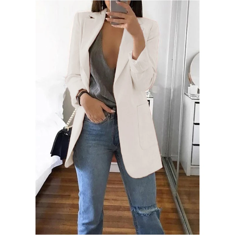 

Women's Blazer Jackets Autumn Casual Plus Size Fashion Basic Notched Slim Solid Coats Office Ladies Outwear Chic Loose Coat 2021