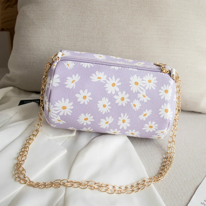 

Youth Ladies Shoulder Bags Small Square Bag Canvas Totes Chain Daisy Flower Female Beach Small Bucket Handbag