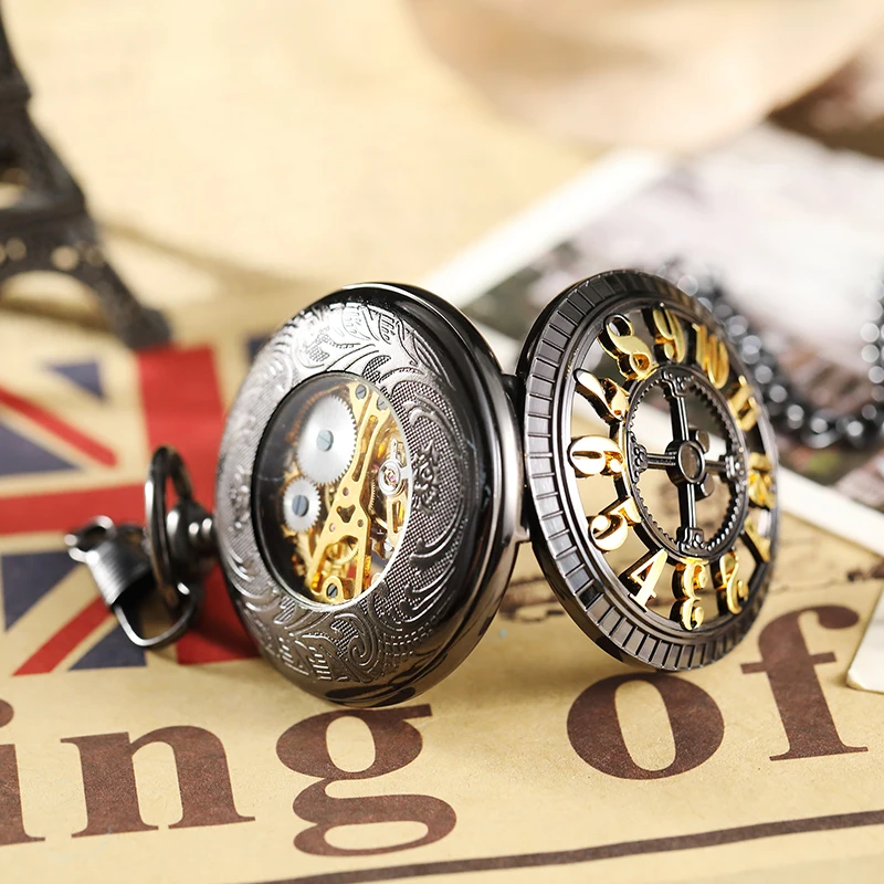 Retro Hollow Arabic Numeral Dial Mechanical Pocket Watch with FOB Chain Vintage Classical Men's Clock 2021 New