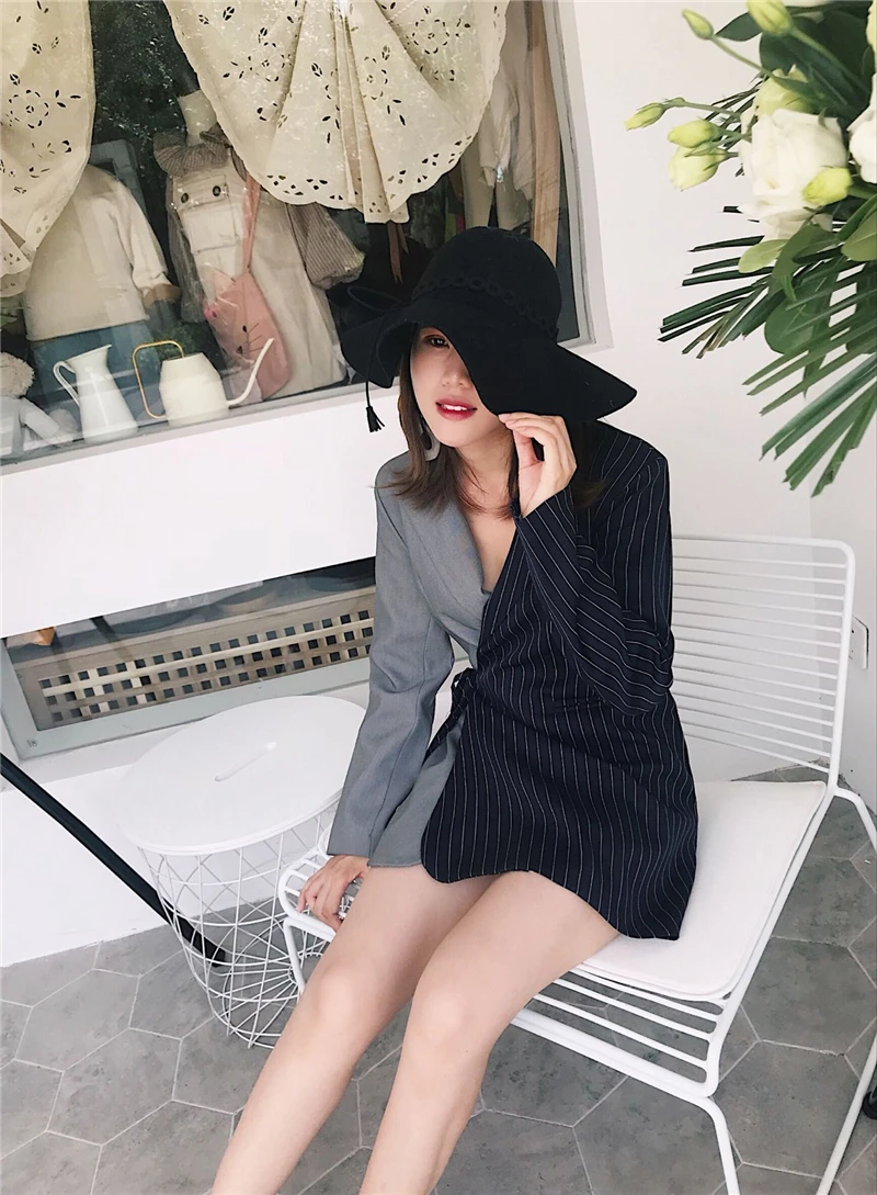 

TMODA794 Za 2021 Spring Autumn Loose Fit Black Striped Split Joint Bandage Jacket New Lapel Long Sleeve Women Coat Fashion Tide