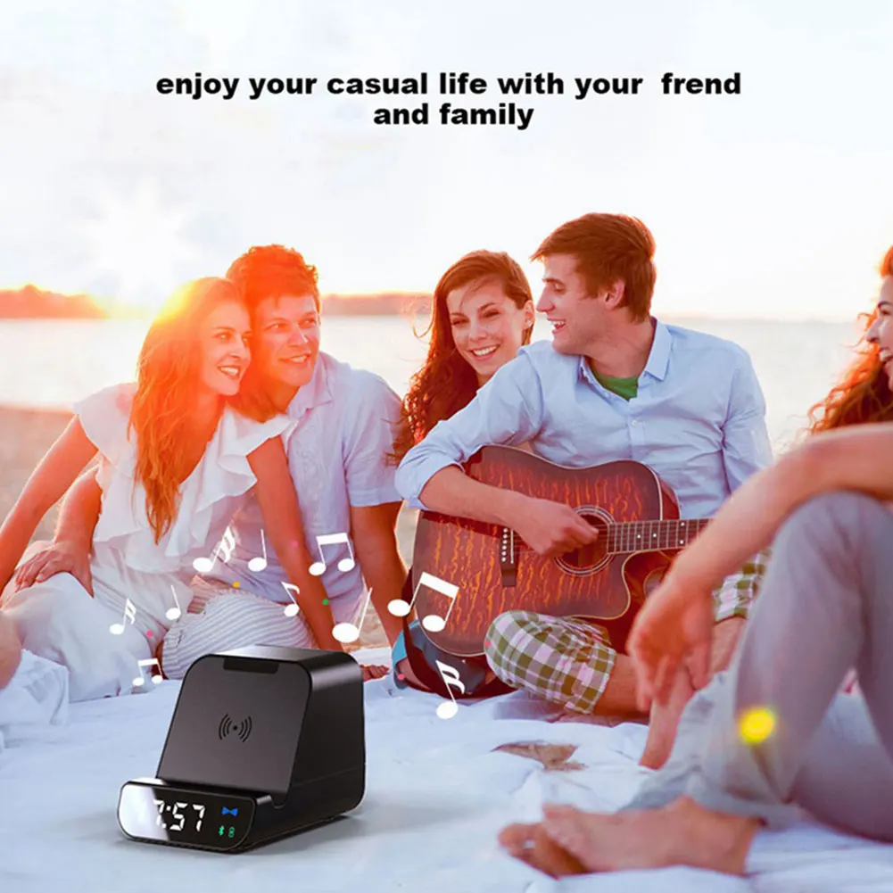 

Bluetooth Speaker Alarm Clock Power Bank Wireless Charger with Digital Display Screen Micro-USB Fast Charging Phone Holder Black