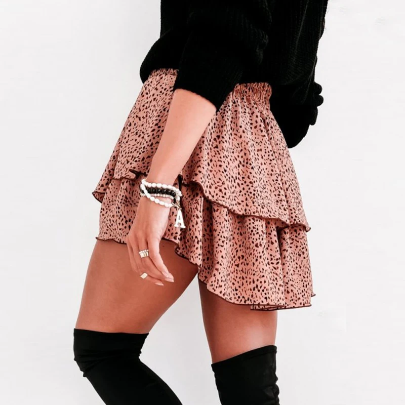 

Women High Waist Leopard Print Skirt Ruffles Summer Casual Elastic Mini Skirts A-Line Elegant Holiday Boho Short Skirts 2021