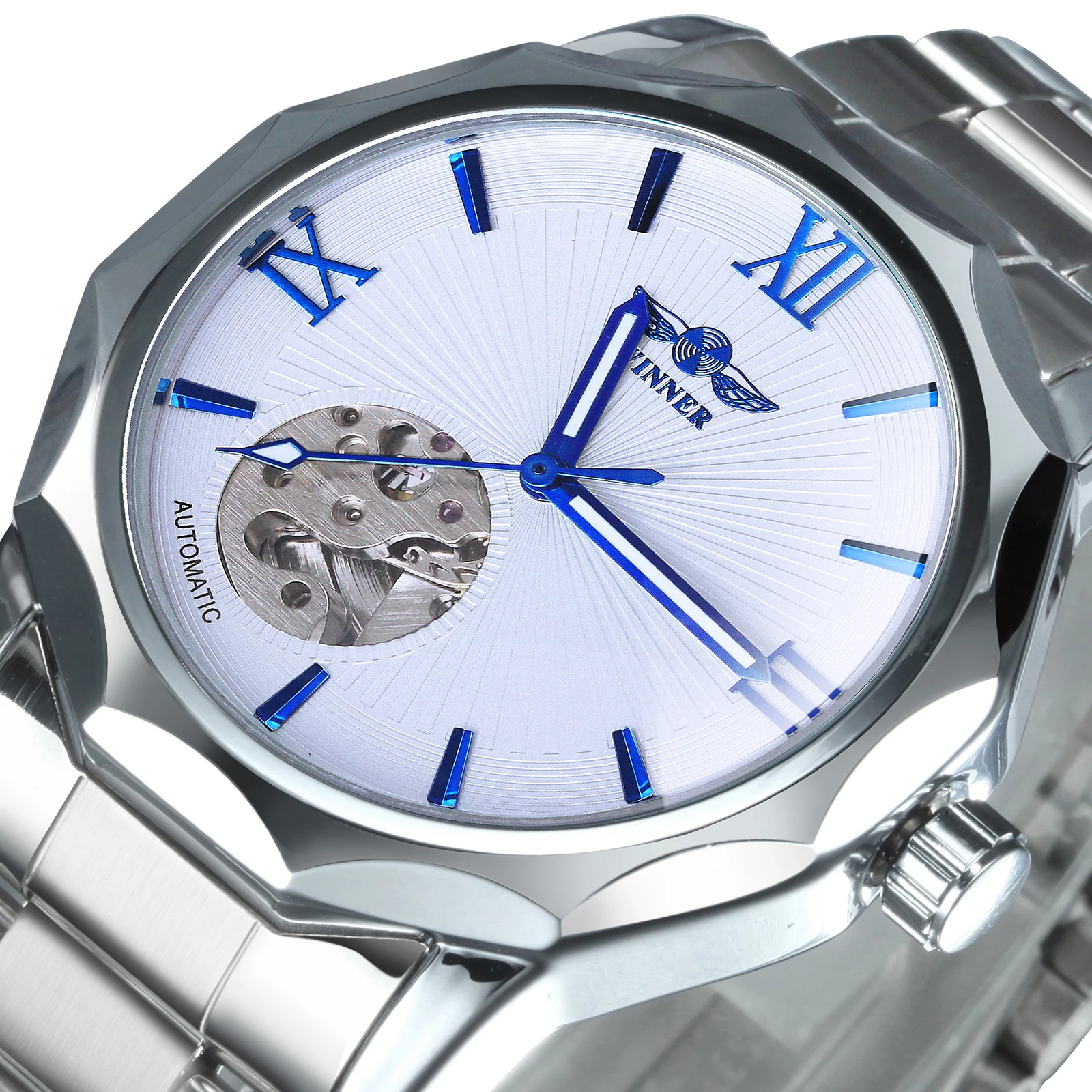Мужские механические часы скелетоны WINNER синие автоматические с геометрическим