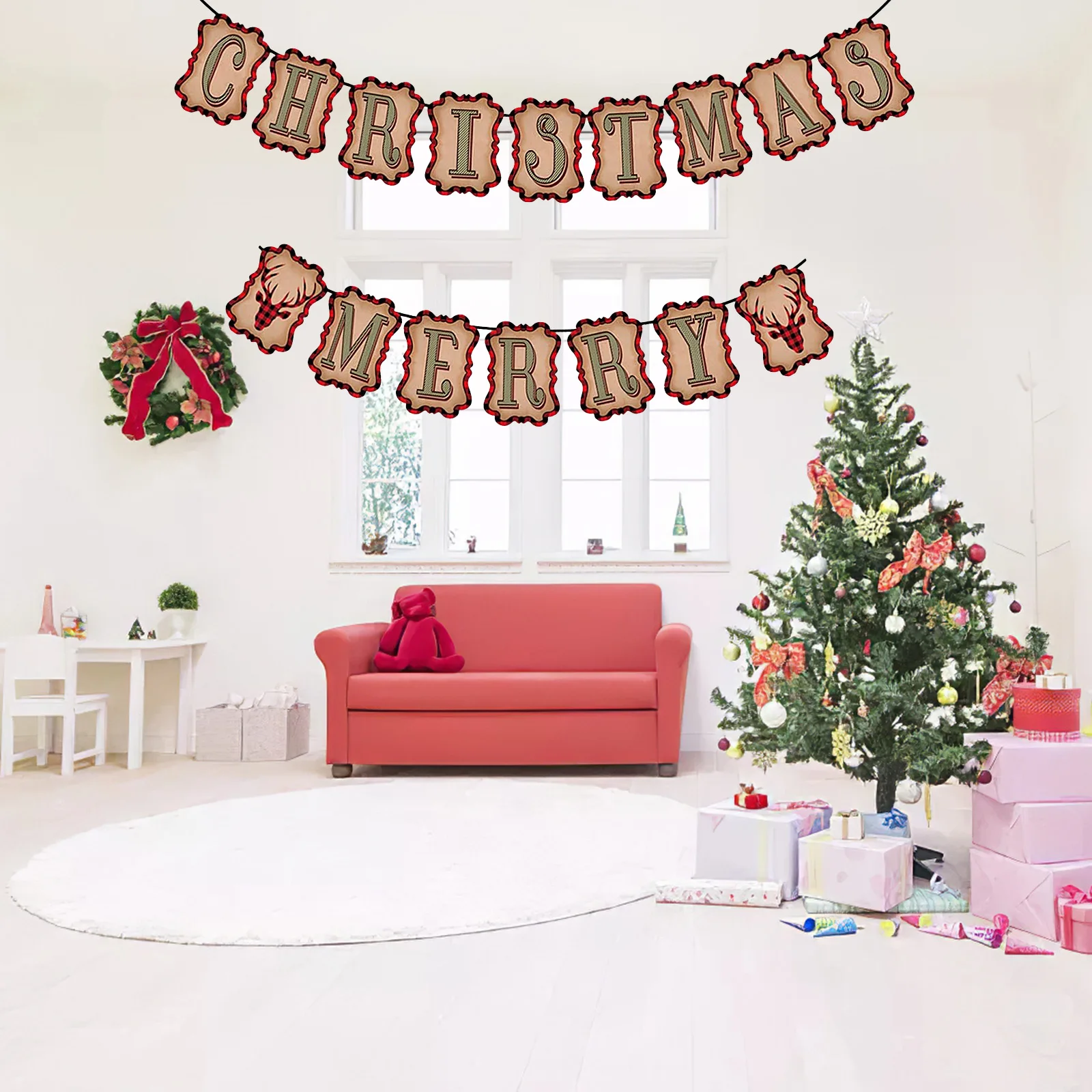 

2Pcs Christmas Banner Party Bunting Christmas Red Lattice Elk Pull Flag Banner Background Wall Decoration Xmas Party Decoration