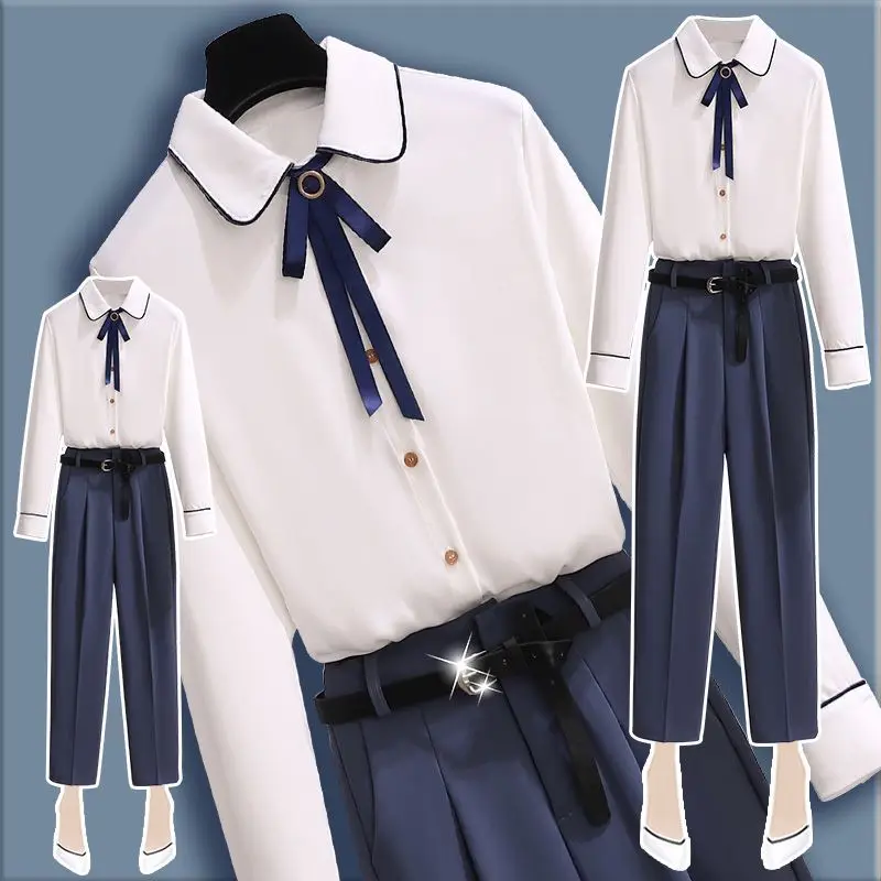 

Women 2021 Spring Summer Two Piece Set OL Female Sets Office Lay Long Sleeve Shirt Top and Pants Elegant /outfit/suit/Set B125