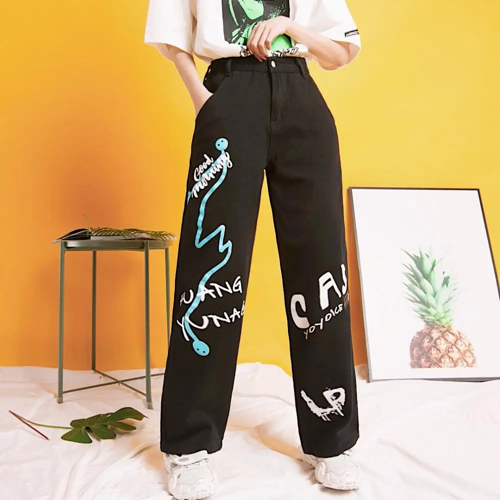 Прямые джинсы оверсайз в стиле хип хоп с принтом граффити|Прямые джинсы| |