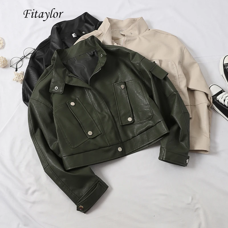 Куртка женская короткая из ПУ кожи на молнии с большими карманами|Кожаные куртки|