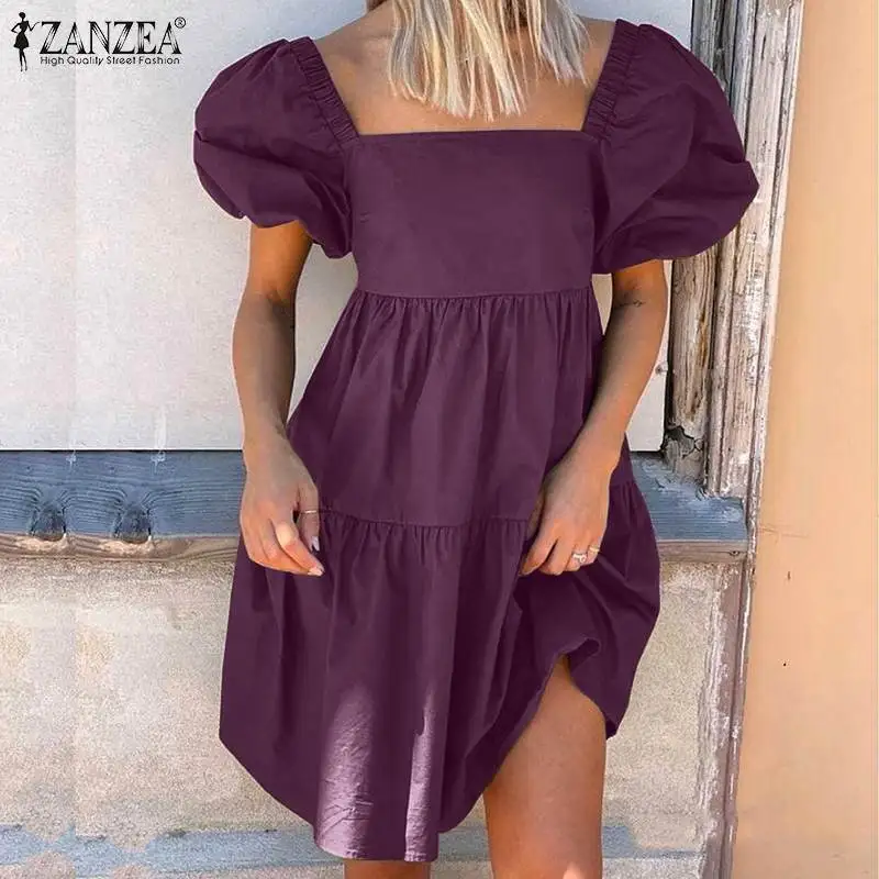 ZANZEA-Vestido corto femenino de verano con mangas abullonadas y escote cuadrado, minivestido informal con volantes para mujer, color liso, para fiesta y playa