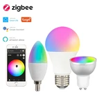 Tuyaприложение Smart Life ZigBee 3,0 Беспроводной умная Светодиодная лампа E27 GU10 E14 E12 RGBCW диммер лампы светильник голос для Google Home Alexa