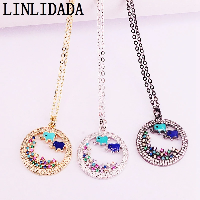 

5Pcs Charm Micro Pave CZ with Elephant Enamel Round Pendant Women Necklace Copper Chain Necklace
