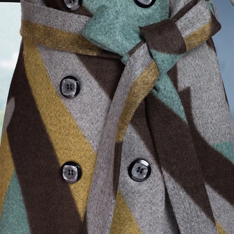 

Women lattice Woolen Coat 2021 New Female Autumn Winter Wool Jacket Middle-aged Double Breasted Long Woolen Overcoat