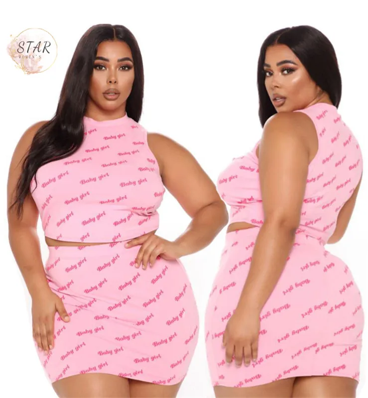 Conjunto de Saias Rosa sem Mangas Superior e Mini Roupas de Verão Casuais por Atacado Mais Tamanho Peça Novas Mulheres Define Colheita Saia Dropshipping 2