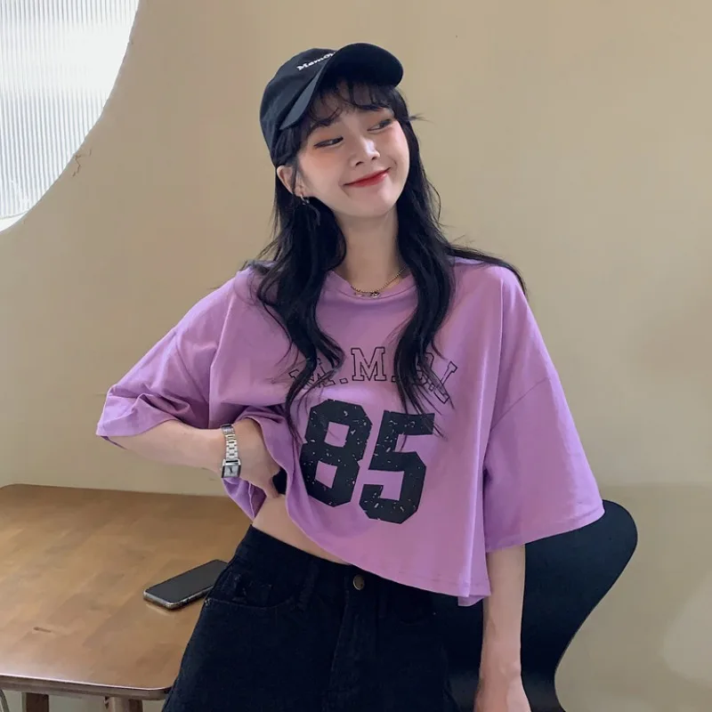 

INS Super Popular Letter Printing Midriff-Baring Short Sleeve Top Summer 2021new Student Loose Cropped T-shirt Female Fashion