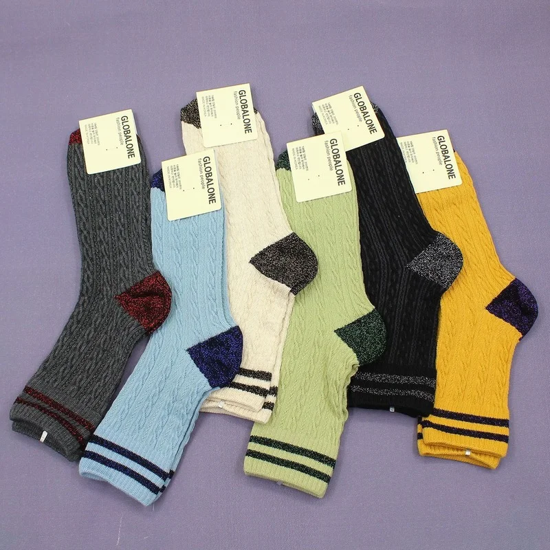 

Striped Women Socks Jacquard Sock Girls Patchwork Casual Middle Tube Sox Thick Soft Cotton Classic Autumn Winter Korean Avocado