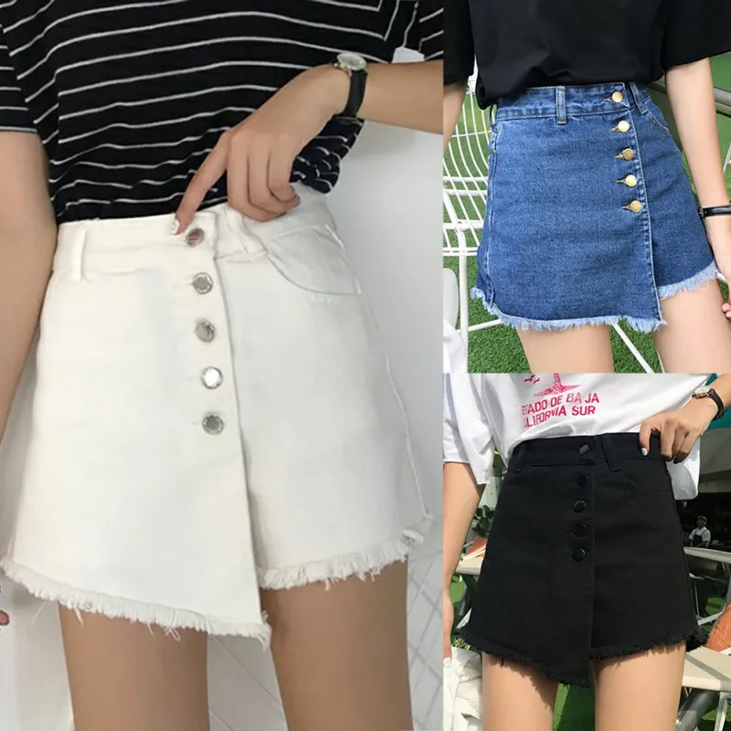 

New Women's Korean Irregular High-Waist Denim A-Line Trousers Skirt with Raw Edge Design Fashion Button Anti-Peeping Safe Pants