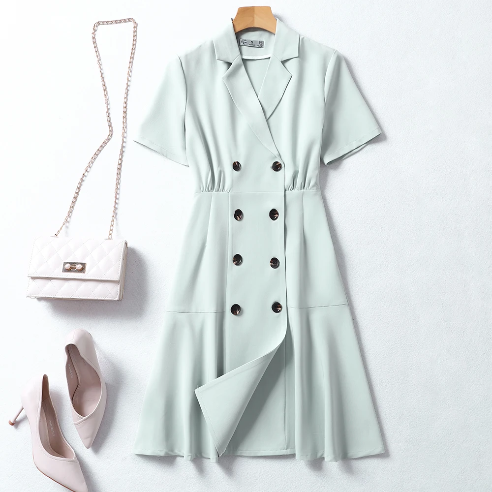 

Women Short Sleeve High Waist Summer Dress Uniform Design Ladies Girl Slim Notched Collar A-line Work Dress of High Quality