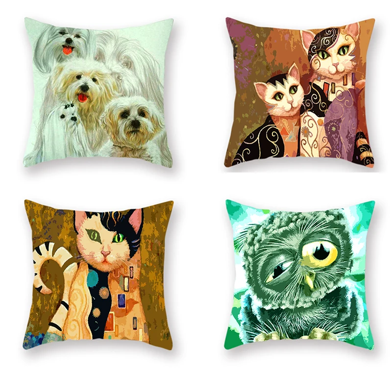 

4Pcs Watercolor Creative Animal Color Pillowcase Cat Mat Dog Elephant Couple Rabbit Cushion Cover Bird Sprouting Pig Red Bed